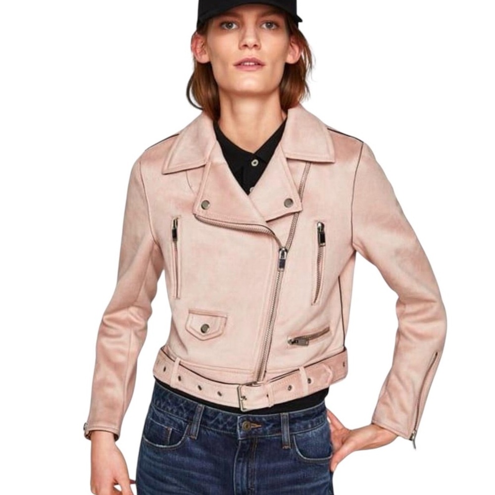 Zara Pink Velvety Suede Moto Jacket with Asymmetrical Zipper